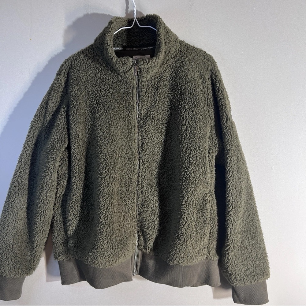 Calvin Klein Woman’s Green Fleece Bomber Jacket w/ Pockets Full Zip NWT